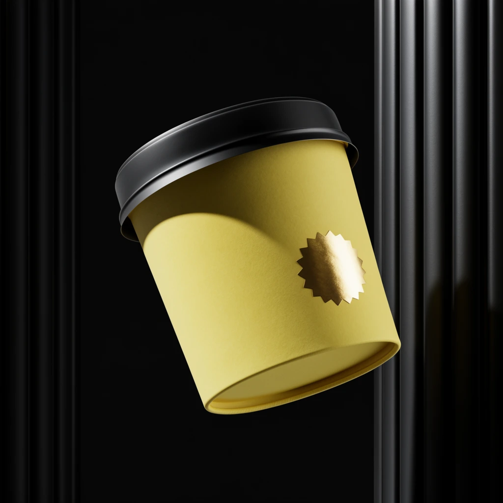 A matte yellow cylindrical food tub with a smooth black lid floats dynamically in mid-air against a stark black background. The carton is angled sharply downward, revealing its curved bottom edge and a textured, muted yellow paper surface. A starburst-shaped metallic gold foil sticker catches the light on the right side of the tub's body. Dramatic, directional studio lighting from the upper left casts a harsh, crescent-shaped shadow from the rim of the black lid across the yellow material. The deep black environment is framed by vertical, matte black fluted architectural pillars on the right and left edges, their vertical ridges highlighted by soft gradients of light. The composition features high-contrast color blocking, hyper-realistic textures, and a luxurious, minimalist aesthetic typical of high-end 3D product rendering.
