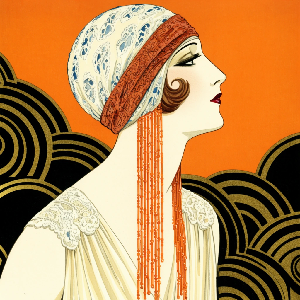 vintage Art Deco fashion illustration, elegant woman in strict profile facing right, pale complexion, dark red lips, cream cloche headwrap with blue lace motifs, textured terracotta headband, long beaded orange fringe cascading down her neck, curled brown hair, sleeveless draped cream garment, lace shoulder details, vibrant orange background, geometric black and gold curved patterns behind her, flat color blocks, sharp elegant outlines