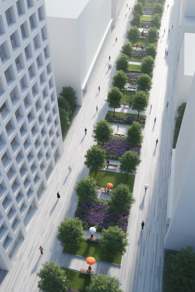 An aerial, high-angle architectural rendering of a pristine urban pedestrian promenade flanked by towering minimalist white buildings. The left structure features a repetitive grid of deep-set square windows. Down the center of the light gray, linearly patterned pavement runs a continuous sequence of rectangular landscaped zones containing manicured lawns, vibrant purple shrubbery, and evenly spaced, lush green trees. Tiny human figures traverse the broad walkway and rest on benches, with a few individuals holding bright orange and white umbrellas. Crisp sunlight illuminates the scene from the right, casting sharp, elongated diagonal shadows across the thoroughfare to emphasize the clean, utopian 3D visualization style.