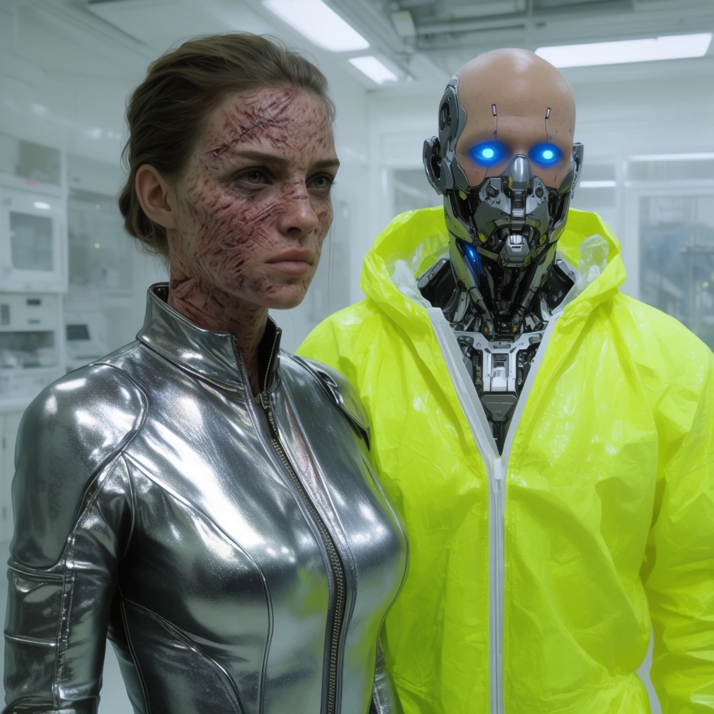 A heavily scarred woman in a sleek metallic silver jumpsuit stands beside a bald cyborg with glowing blue eyes in a neon yellow hazmat suit. They are in a brightly lit, sterile white laboratory.