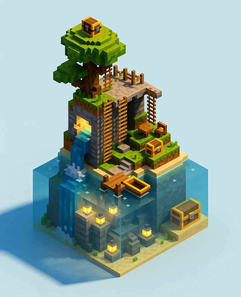 A detailed voxel-art island rises from a translucent blue cube of water against a plain light blue background. The structure is composed of stacked blocks in various colors and textures, featuring a tall tree with bright green, layered foliage that supports a small wooden chest on its highest point. Below the foliage, a complex series of stone and grass platforms are connected by numerous vertical wooden ladders. A waterfall spills from a lit cavernous opening on the left side into the water below. Small details like a wooden table and chair set and another treasure chest occupy middle-level ledges. At the water's surface, a wooden pier holds a small yellow boat. Beneath the surface of the translucent blue water, several glowing yellow lanterns illuminate a submerged stone structure and another wooden chest sitting on a tan base at the bottom right corner. The entire scene is captured from an isometric high-angle perspective, with a strong light source from the upper left casting a long, soft-edged shadow across the flat blue surface. The color palette is dominated by nature-inspired tones of green, grey, and brown, contrasted by the luminous yellow of the lanterns and the clear blue of the water.