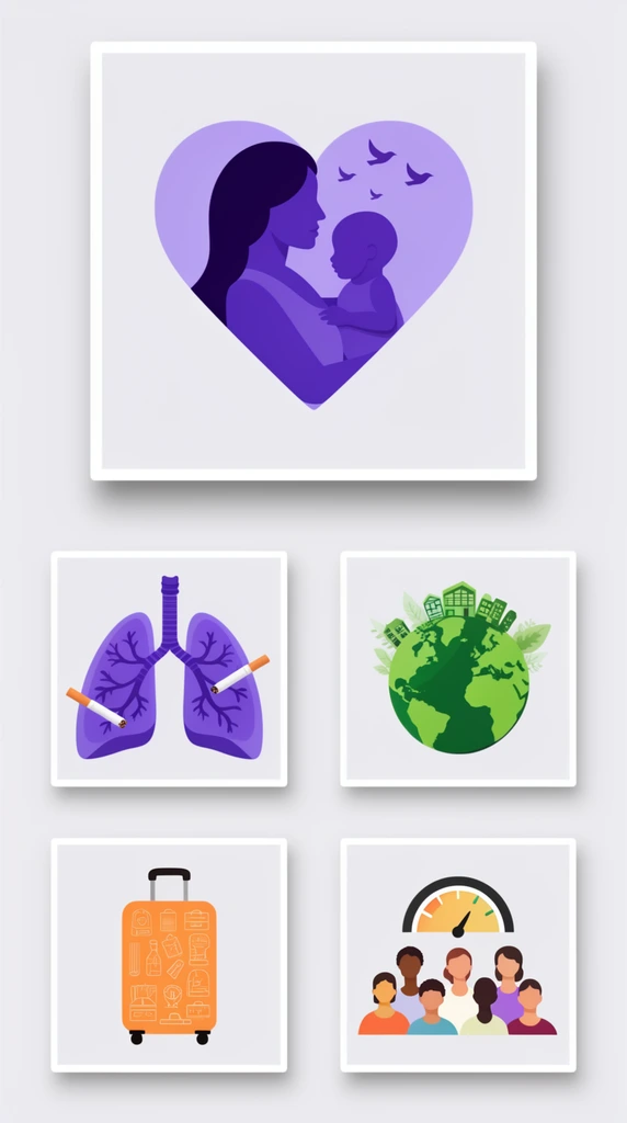 layout of five square flat vector illustrations on a pale grey background, large purple graphic of mother and child inside a heart with floating birds, smaller squares depicting lungs pierced by a cigarette, green globe with eco-buildings, orange suitcase with travel line art, diverse people under a gauge, minimalist aesthetic, drop shadows
