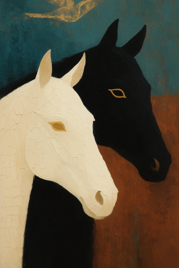 Two horse profiles face right against a heavily textured, color-blocked background. A creamy white horse in the foreground overlaps a jet-black horse positioned slightly behind. Both equine figures feature stylized, golden ochre eyes. Thick impasto strokes create a cracked, tactile surface across the composition. The backdrop divides into large fields of mottled deep teal in the upper left and earthy rust-brown in the lower right. A subtle golden abstract shape resembling a flying bird hovers near the top edge within the teal section. Tightly framed on the heads and necks, this semi-abstract painting highlights stark contrasting tones and a striking modernist aesthetic.