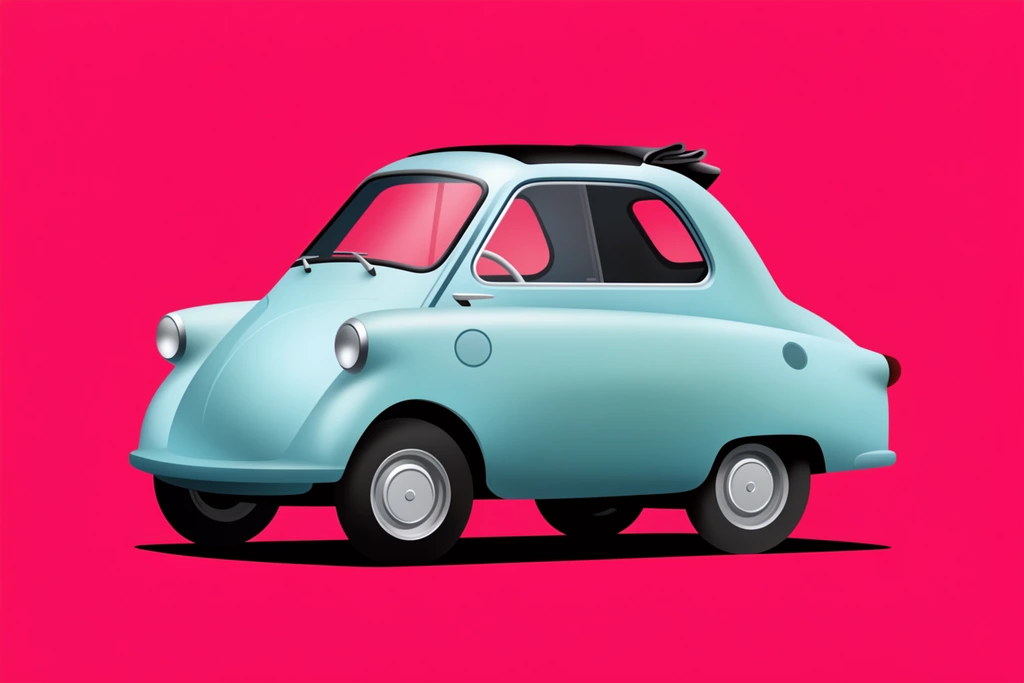 A light cyan retro-futuristic microcar sits in three-quarter profile against a solid vivid magenta background. The compact, teardrop-shaped vehicle features a bulbous front, prominent round headlights on curved fenders, and a slanted windshield enclosing a tiny cabin with a folded black rear roof. Smooth aerodynamic body panels with subtle circular vents rest on small wheels with flat silver hubcaps. A sharp black drop shadow grounds the car. The graphic illustration employs smooth gradients for a stylized three-dimensional matte finish, contrasting boldly with the bright backdrop.