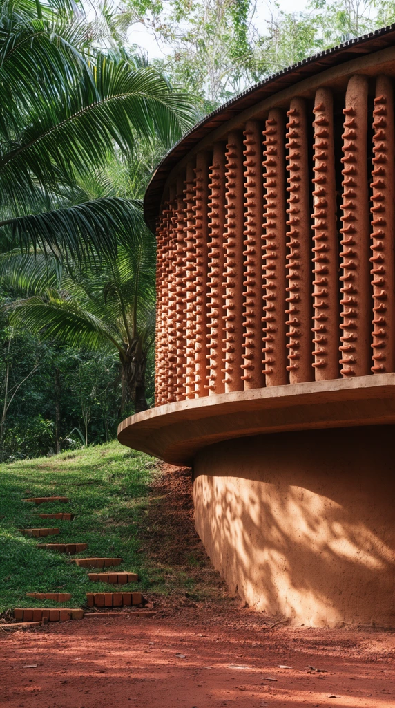 An organic, curved earthen building sits in a tropical forest clearing next to a grassy slope with embedded brick steps. The structure features a solid mud-brick base and a wraparound balcony beneath a striking facade of repeating vertical columns made from protruding terracotta elements. Dappled sunlight casts intricate shadows across the smooth lower wall and reddish dirt foreground, framed by vibrant green palm fronds and dense foliage.