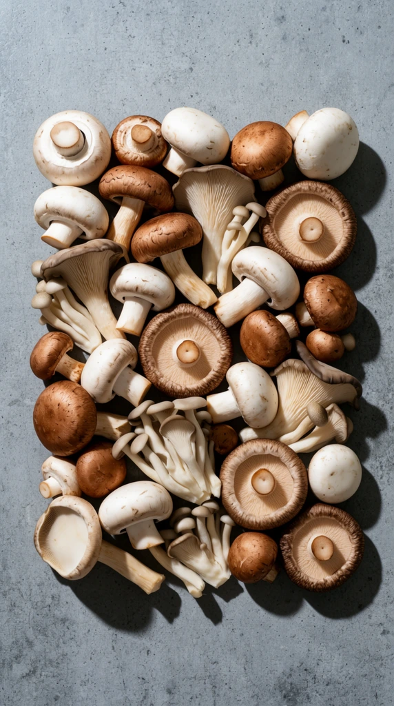 Dense rectangular cluster of assorted culinary mushrooms, top-down flat lay on a cool grey textured concrete surface, white button, brown cremini, shiitake, and oyster mushrooms, mixed orientations revealing smooth caps alongside ribbed gills and stems, earthy palette of creams and warm browns, crisp focus, hard directional lighting, sharp dark shadows cast to the bottom right, highly detailed organic textures, culinary still life