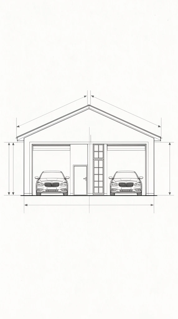 A black and white architectural elevation drawing of a multi-bay garage with a pitched gable roof. Two wide open bays frame front-facing sedans, positioned beside a solid door and a tall multi-paned window. Precise technical dimension lines and drafting arrows surround the crisp structural outline against a textured off-white background in a clean, minimalist blueprint style.