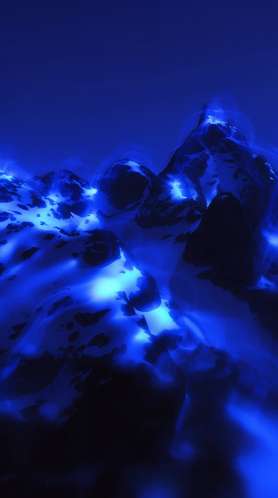 Luminous, monochromatic deep blue mountain peaks covered in patches of glowing snow emerge from an abyssal background. A prominent, towering peak rises on the right side beneath a plain, deep sky, accompanied by a cluster of secondary summits extending across the horizon. The landscape is rendered through a long-exposure light-painting technique, with the solid forms of the mountains dissolving into deep ultramarine shadows and pitch-black voids. The patches of snow explode with bright, neon cyan luminescence, creating soft-focus blooming highlights and sweeping, ethereal light trails that trace the jagged contours of the rock. Ghostly, transparent wisps of cobalt light vibrate around the ridgelines, generating a surreal, motion-blurred aura. The high-contrast composition relies entirely on these electric, glowing blue energy lines and soft, luminescent gradients to define the topography against the dark, atmospheric expanse.