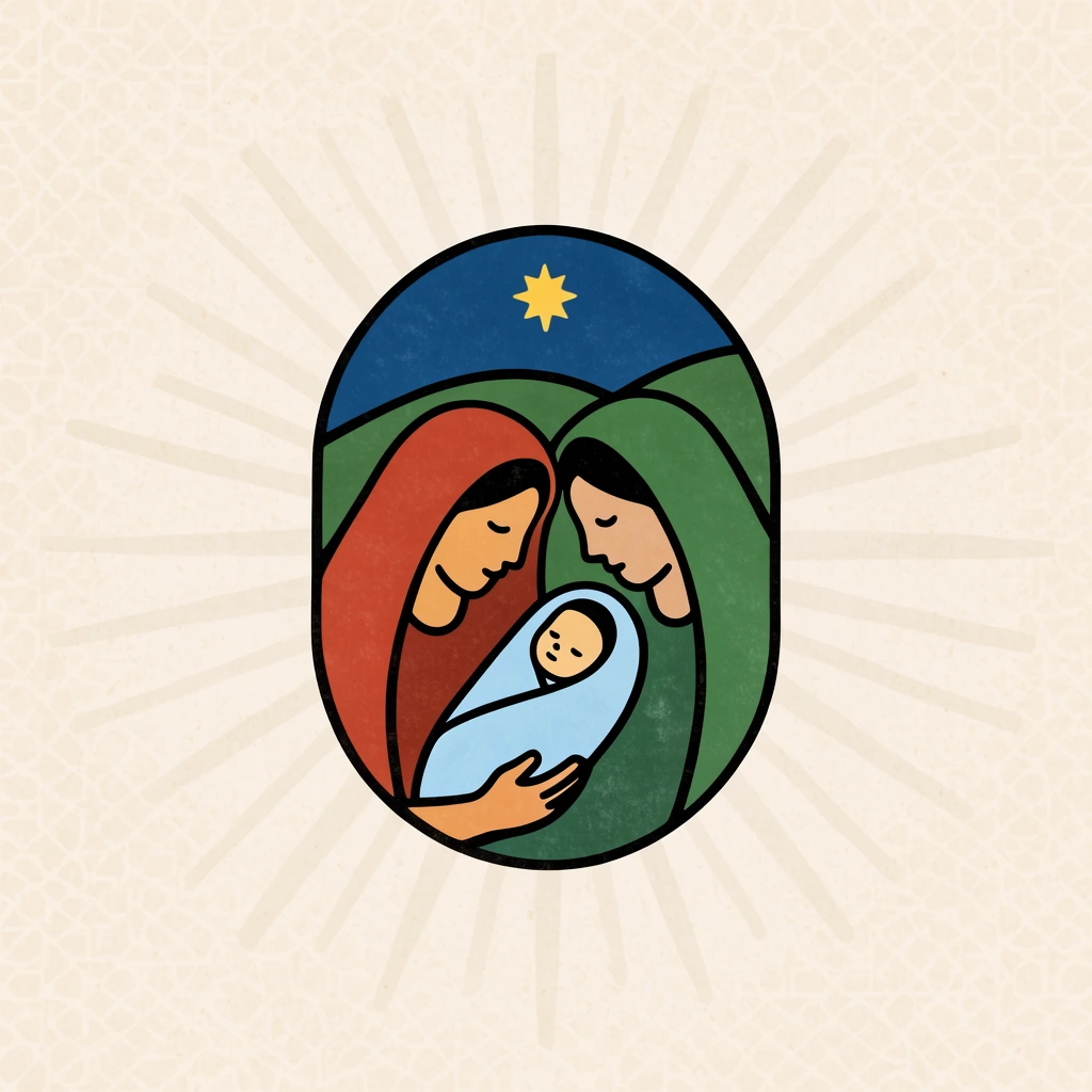 A minimalist graphic illustration inside a vertical oval frame, depicting two adult figures looking tenderly at a swaddled infant. The flat artwork features thick black outlines and muted, earthy colors with a vintage grain texture. One adult wears a rust-red head covering, the other a green drape, and the baby is wrapped in light blue. A yellow star shines in a dark blue sky over a green hill. The emblem rests on a textured light beige background adorned with faint, radiating sunburst rays and a subtle geometric pattern.