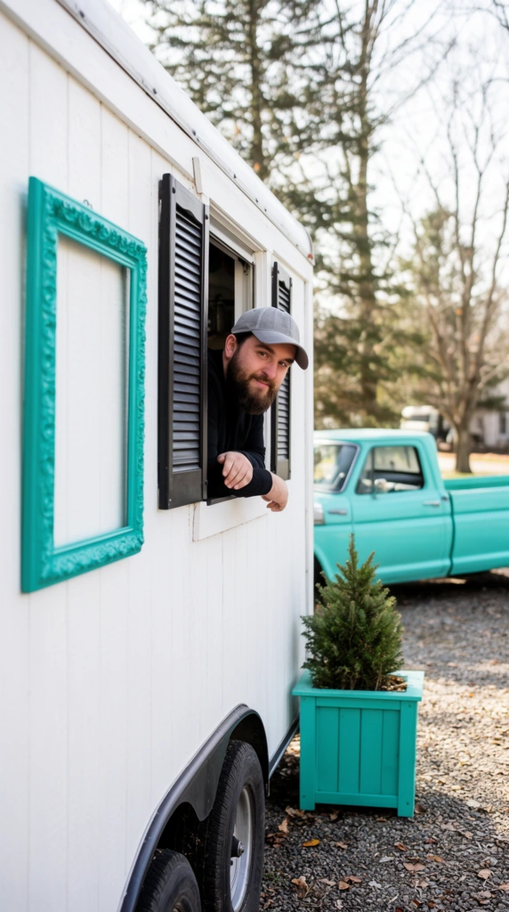 A bearded man in a grey baseball cap and black shirt leans casually out the serving window of a white wooden trailer. An ornate teal rectangular frame hangs on the white siding to the left of the black-shuttered window. A matching teal planter box holding a small evergreen shrub sits on the ground near the trailer's exposed wheel. In the softly blurred background, a vintage teal pickup truck rests on a gravel driveway scattered with dry leaves. Tall bare winter trees and evergreens stand under bright daylight. The outdoor photography utilizes a shallow depth of field to sharply focus on the man and the crisp white architectural details, unified by vibrant teal accents throughout the composition.