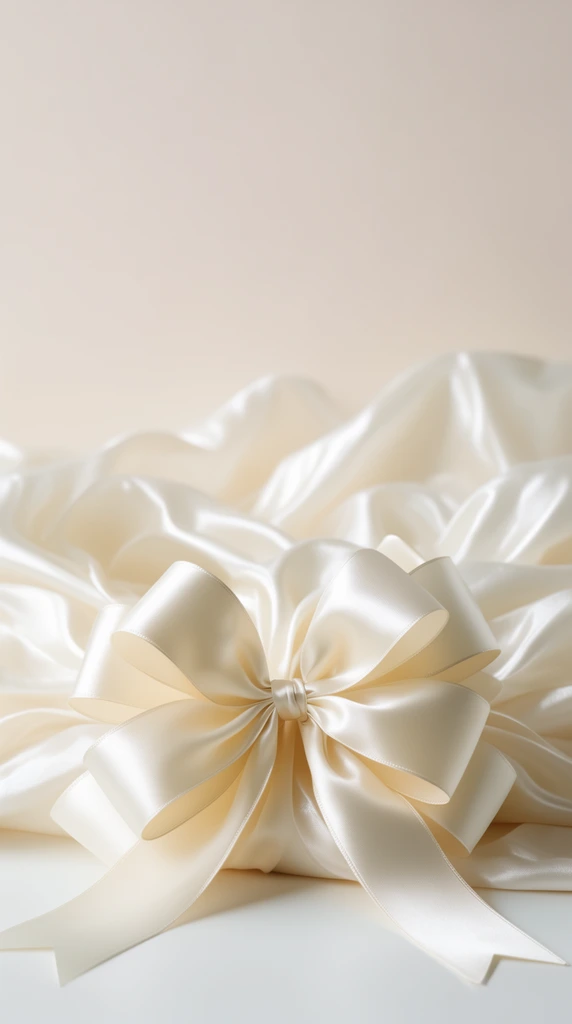 A luxurious cream satin ribbon tied in a complex, multi-layered bow rests on a smooth white surface. Glossy, ruffled fabric folds cascade across a minimalist pale beige background under soft diffused lighting, highlighting the silky textures and elegant high-key composition.