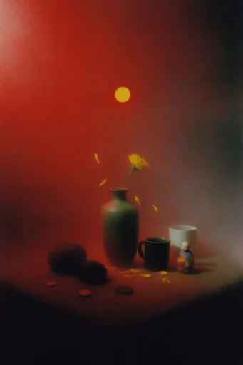 Crimson Noir Minimalism style reference image — heavy film grain