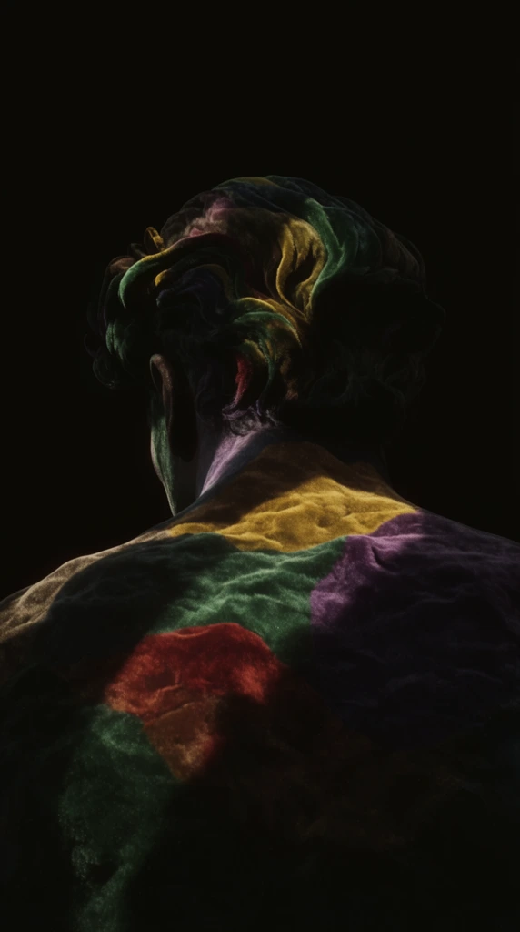 A rear view of a man with bare shoulders and wavy hair emerging from a pitch-black void, rendered in a highly tactile, low-key cinematic style. The figure is illuminated by dramatic, localized pools of soft directional light that carve deep shadows and extreme chiaroscuro across his form. The surface of his skin and the undulating waves of his hair feature a thick, plush texture of crumpled velvet and topographic terrain. Striking, isolated patches of rich, saturated color—emerald green, mustard yellow, deep violet, and crimson—blanket specific ridges and curves of his shoulders and hair, contrasting sharply with the surrounding darkness. The composition is horizontally framed with expansive black space at the top and bottom, emphasizing a surreal, macro-photography aesthetic where the lit curves of the human form take on the appearance of a hyper-textured landscape shrouded in heavy, atmospheric shadow.
