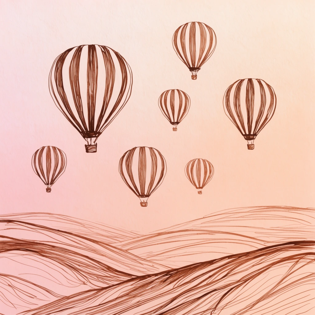 Seven vertically striped hot air balloons drift above contoured rolling hills in a minimalist line drawing. Brown ink strokes define the curving landscape and balloon silhouettes against a soft gradient sky, featuring a warm peach and pale pink monochromatic palette on textured paper.