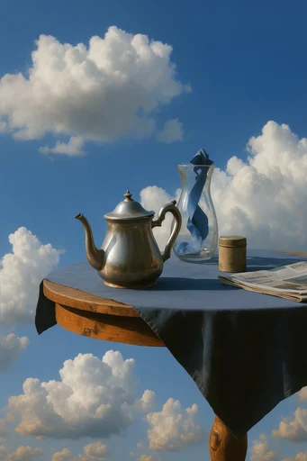 Surrealist Sky Collage style reference image — floating architectural fragments