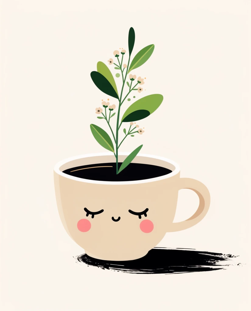 Kawaii beige coffee cup with sleepy face and rosy cheeks, dark liquid, vertical plant stem with green leaves and small blossoms growing out of the cup, plain cream background, stylized black brushstroke shadow, minimalist digital illustration, flat vector art style