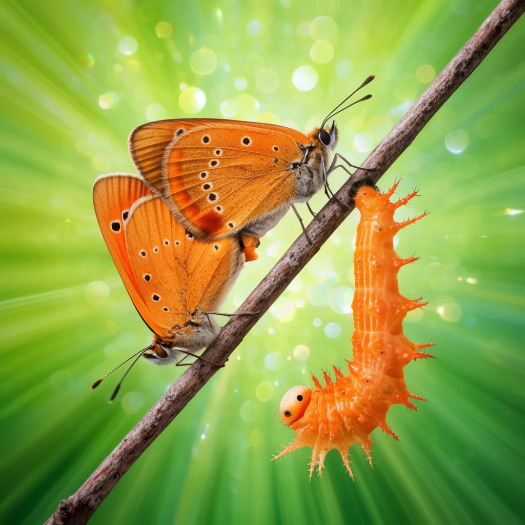 Macro shot of two mating orange butterflies and a spiky orange caterpillar hanging from a slender diagonal twig. A luminous green background of radiating blurred lines and sparkling circular bokeh creates a vivid sunburst effect behind the sharply focused insects.