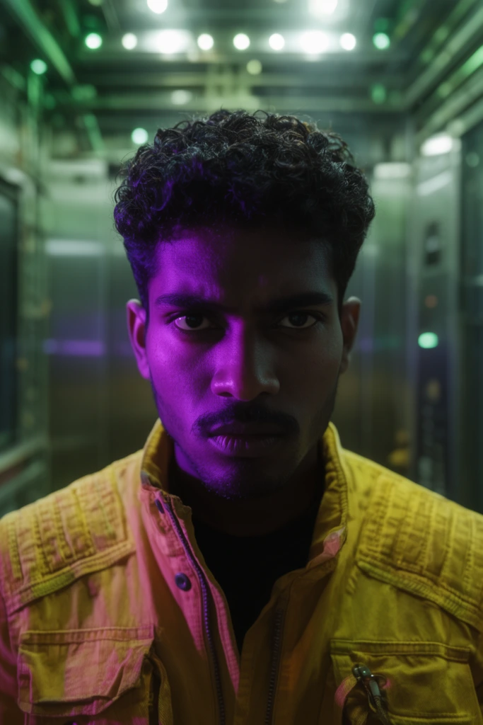 Close-up portrait of a young South Asian man with short curly hair staring forward with an intense expression. He wears a yellow utility jacket with textured shoulders. Harsh neon purple light illuminates the left side of his face, creating deep shadows. The background is a blurred futuristic industrial elevator lit by ambient green lights. Shot in a cinematic widescreen format with shallow depth of field, contrasting the vivid purple foreground with the cool green background.