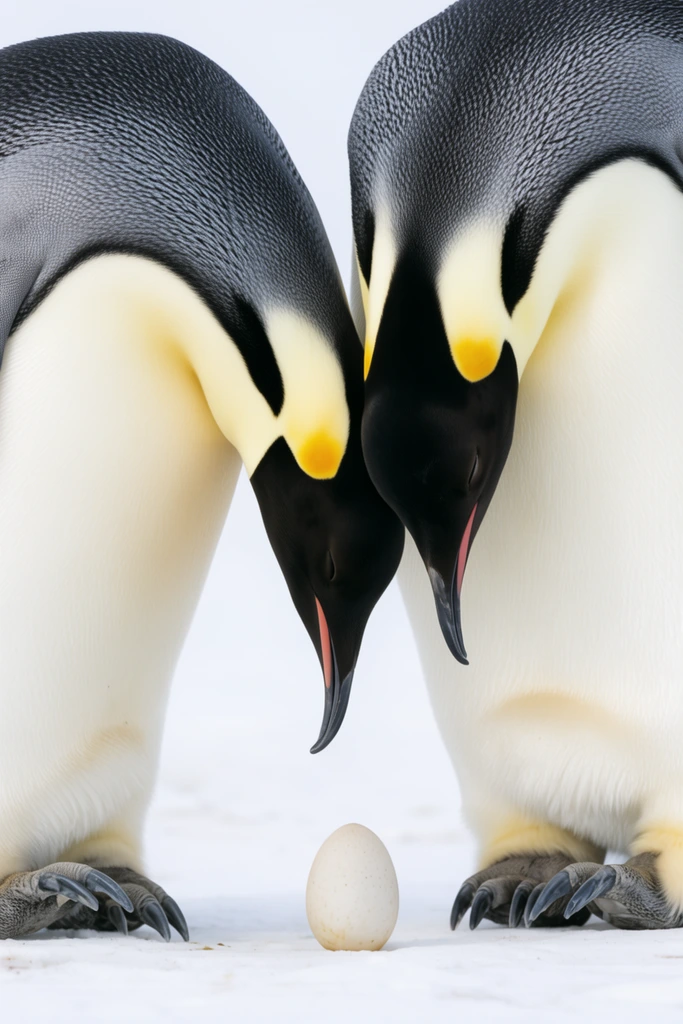 two emperor penguins bowing heads inward toward a single pale egg on white snow, intimate wildlife photography, striking black heads with vivid yellow neck patches, crisp white bellies, textured grey dorsal feathers, minimalist soft white background, high key lighting, sharp focus