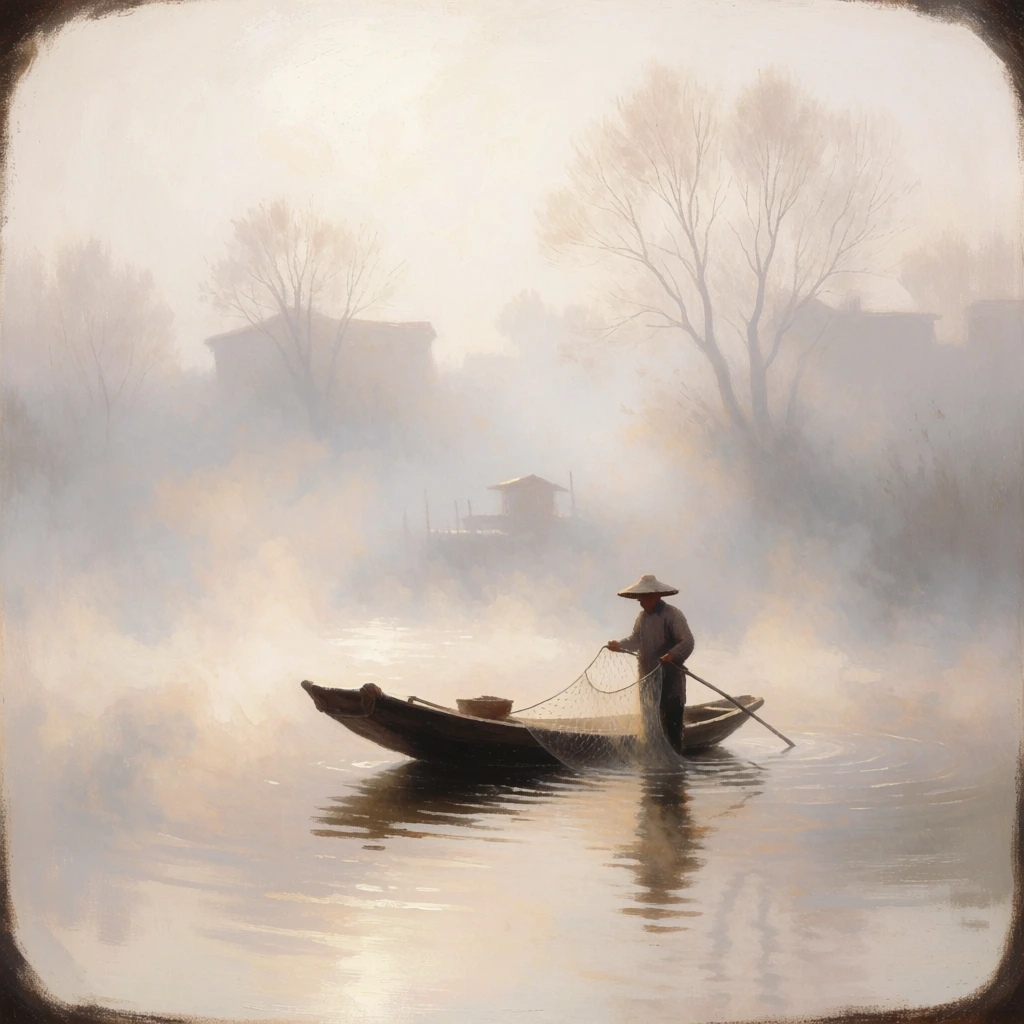 solitary fisherman standing in a small wooden boat on calm water, holding a delicate net, heavy luminous mist obscuring the background, faint silhouettes of bare trees and distant structures, soft atmospheric perspective, muted palette of pale creams, warm grays and browns, painterly texture with visible brushstrokes, gentle water reflections, dark vignette edges, ethereal mood
