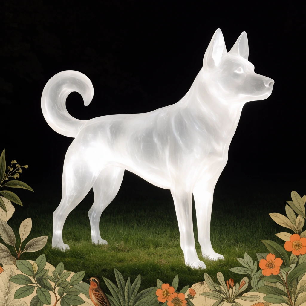 large glowing white translucent dog sculpture, internally illuminated smooth form, pointed ears and curled tail, standing on green grass at night, pitch black background, bottom edge bordered by flat vintage botanical illustrations of leaves and orange flowers