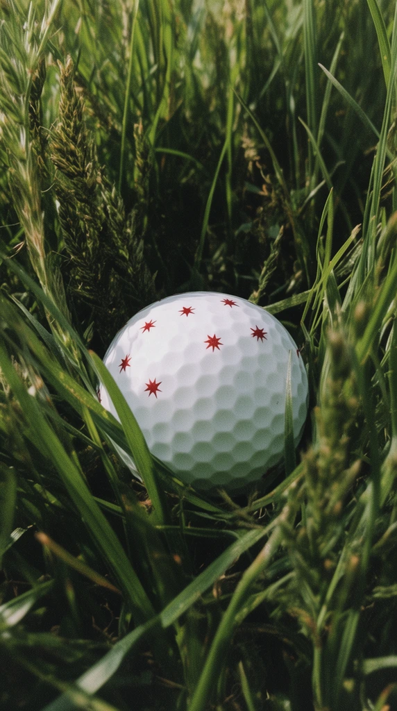 A pristine white golf ball rests deep within a patch of tall, unruly green grass. The dimpled sphere features small, red, star-shaped motifs across its upper half, sitting nestled among thick, intersecting blades that partially obscure its base. The surrounding vegetation exhibits varied green hues, from sunlit stalks to dark, shadowy recesses, interspersed with textured seed heads. Captured in a tight macro shot with a shallow depth of field, the composition focuses sharply on the ball's tactile surface while gently blurring the peripheral foliage. Natural daylight creates stark contrasts within the dense undergrowth, enhanced by a subtle film grain texture that imparts an earthy, cinematic atmosphere.