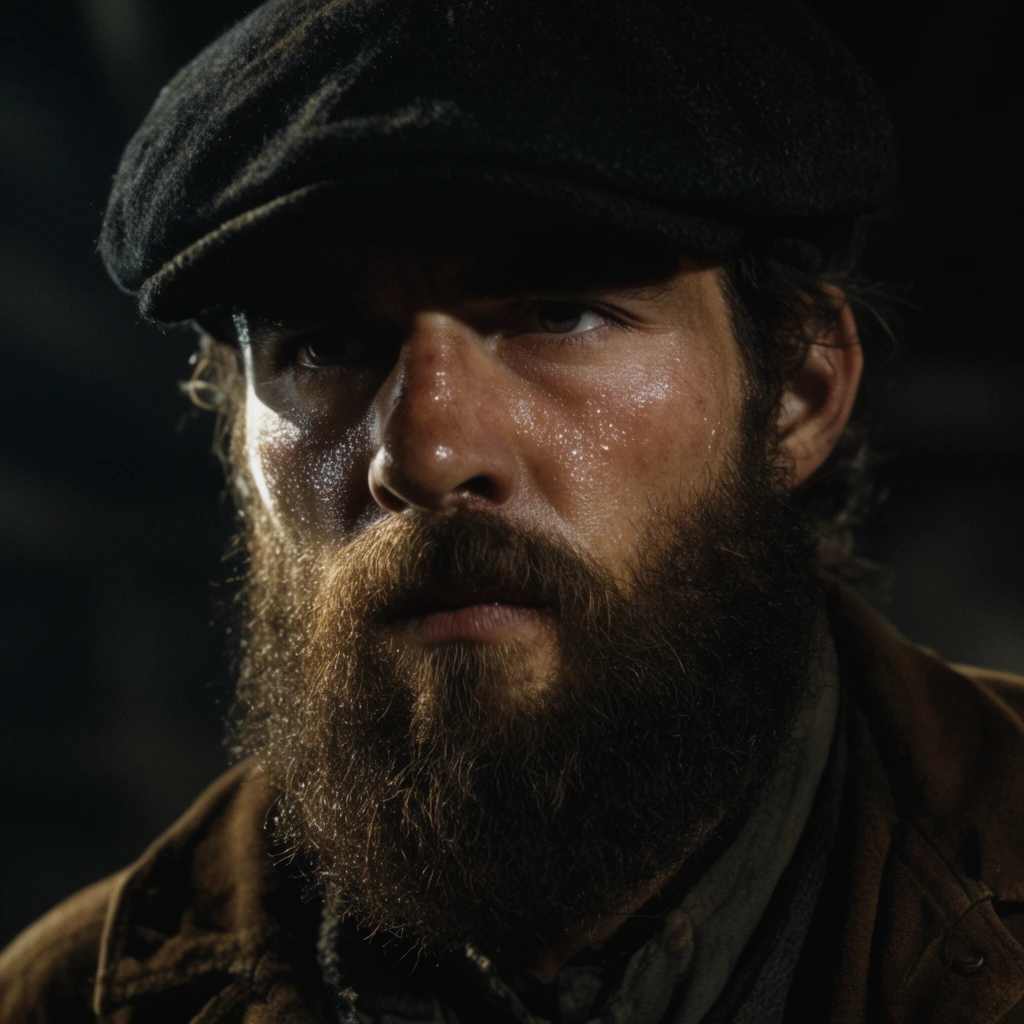 Cinematic close-up of a rugged man with a thick brown beard and intense expression wearing a dark flat cap and brown jacket. Sweat glistens on his skin under harsh upper-left lighting, casting deep shadows across his face. The dark, indistinct background emphasizes the high-contrast, moody atmosphere.