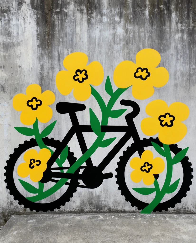 A stylized street art mural of a black bicycle interwoven with bright yellow flowers rests on a weathered concrete wall. The flat graphic illustration features a thick black silhouette of a bicycle with knobby tires and a geometric frame. Thick green stems weave organically through the wheels and structure, blooming into five large, cartoonish yellow flowers with black center details and pointed green leaves. The bold artwork contrasts against a mottled gray background marked with vertical stains and urban decay, grounded by a flat concrete ledge at the base. The stark juxtaposition between the pristine, unshaded colors and the gritty texture creates a striking urban scene.