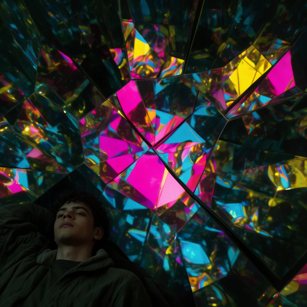 fragmented kaleidoscopic mirrors, vibrant neon magenta cyan and yellow reflections, resting young man in bottom left corner, abstract geometric composition, dark cinematic shadows