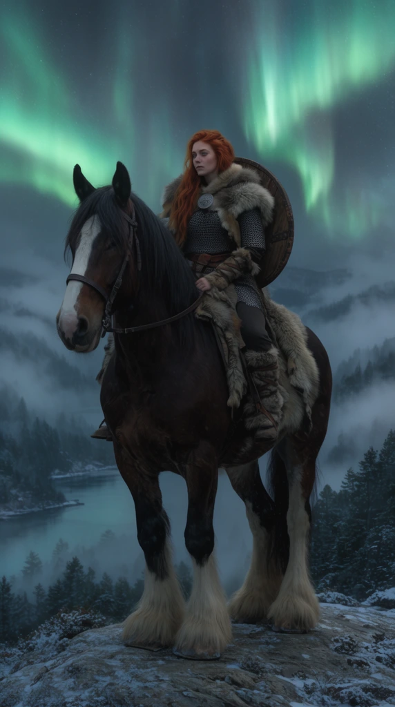 A red-haired Celtic shield-maiden in thick fur cloaks and iron chainmail sits astride a massive dark brown Clydesdale horse. She carries a round wooden shield on her back. They stand on a rocky precipice overlooking a snow-dusted fjord and dark pine forests. Thick freezing fog rolls through the valleys below a dramatic night sky illuminated by vivid green aurora borealis streaks. The cinematic digital painting features deep shadows, rich atmospheric lighting, and a heavily cool-toned color palette.