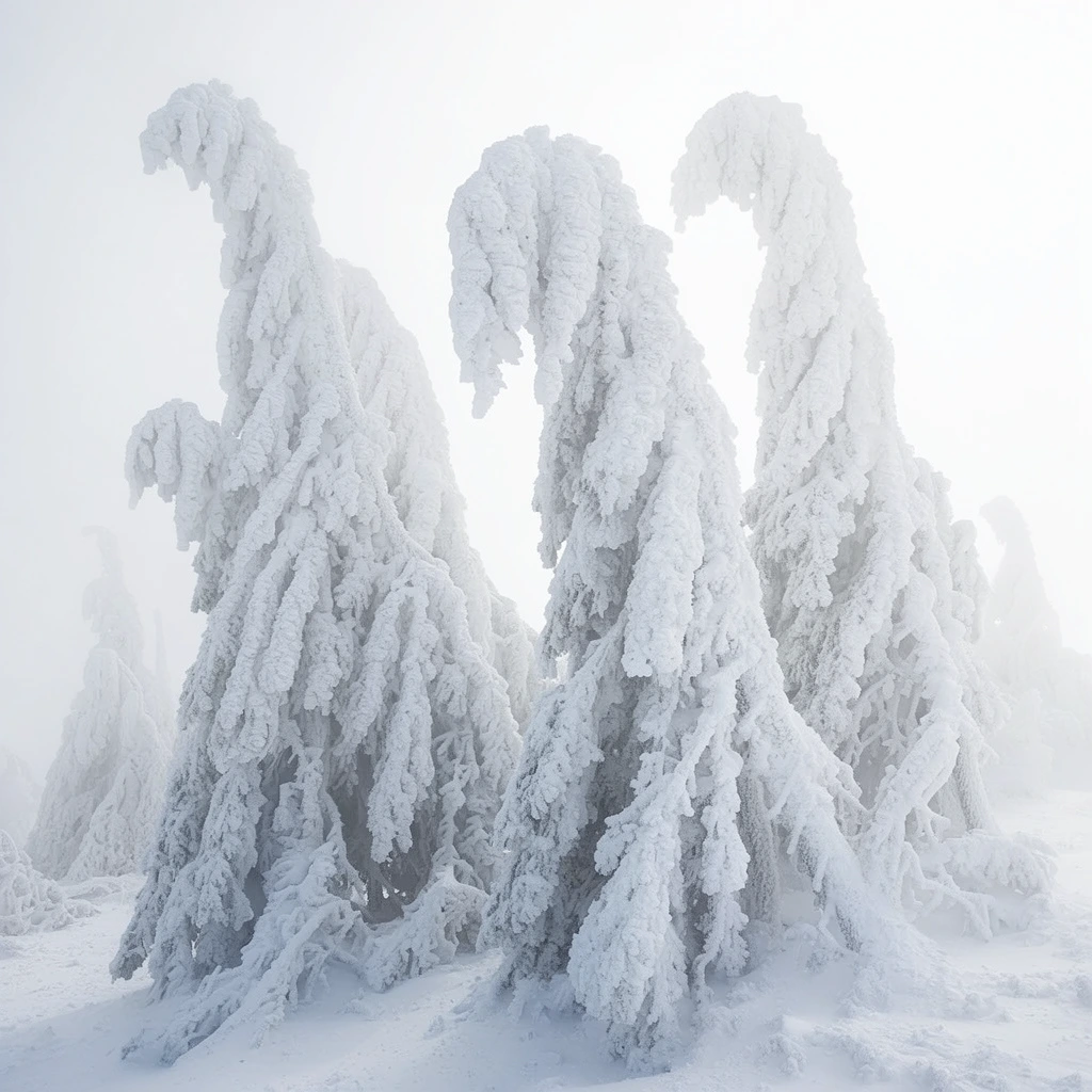 Heavily snow-encrusted trees emerge from a dense white fog. The evergreens are entirely entombed in thick rime ice, transforming into abstract, hunched monolithic shapes. Pristine snow covers the ground, blending seamlessly into the whiteout mist that erases the horizon line. This high-key, monochromatic photography features brilliant whites and soft frost grays with diffused lighting emphasizing the heavy sculptural forms of the ice-laden branches.