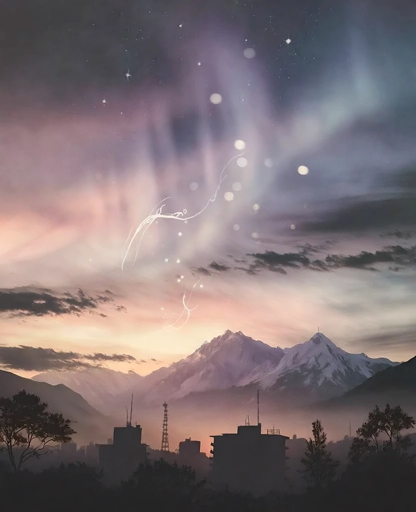 ethereal twilight landscape, silhouette of flat-roofed urban buildings, scattered trees, tall towers, distant majestic snowy mountains, soft pastel gradient sky in dusty lavender, coral pink, and deep indigo, faint twinkling stars and shimmering bokeh, wispy aurora-like light trails, atmospheric glow from the horizon, minimal poetic aesthetic, dreamlike quality, cinematic soft focus, desaturated hues, centered composition, low-horizon silhouette, serene and inspirational mood