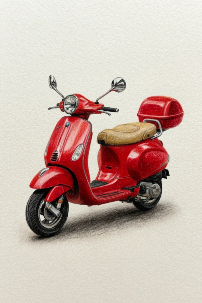 classic red motor scooter, traditional colored pencil illustration, glossy red curved body panels, tan textured two-person seat, dual chrome side mirrors, circular front headlight, matching red rear storage trunk, small black tires with silver wheel hubs, soft diffuse charcoal ground shadow beneath the vehicle, drawn on heavily textured off-white paper, highly detailed dry media art, realistic shading and highlights, isolated subject on plain background, miniature scale feel