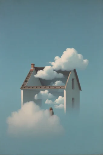 Minimalist Magrittean Dreamscape style reference image — cool teal and white palette