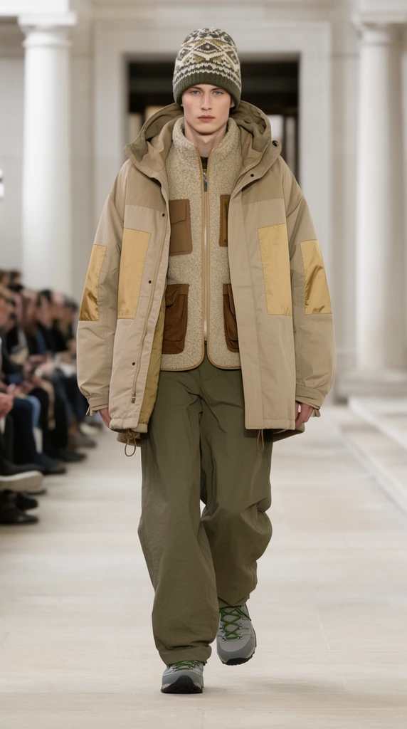 A male model walks down a brightly lit runway wearing layered earth-toned utilitarian winter apparel. He wears a geometric knit beanie, an oversized tan parka with rectangular nylon panels, and a beige fleece vest with brown patch pockets. Loose olive trousers drape over grey hiking sneakers with green laces. Shot full-length with a shallow depth of field, the image captures him against a blurred background of a grand stone hall with white columns and a seated audience, emphasizing the heavily textured neutral palette under soft diffused lighting.