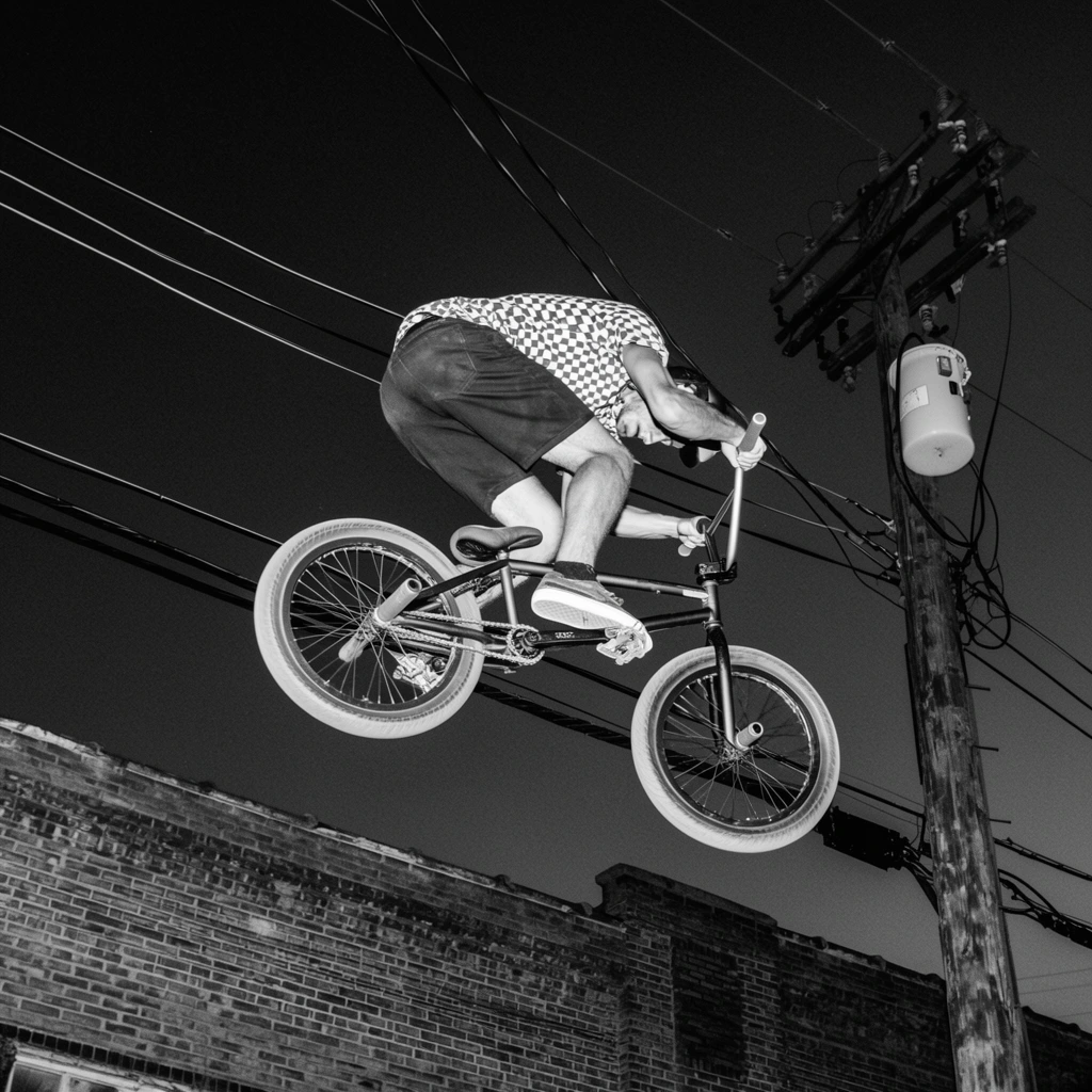 A high-contrast black and white photograph captures a BMX rider suspended mid-air during a nighttime jump. The airborne cyclist crouches low over the horizontal bicycle frame, wearing a checkered short-sleeve shirt, dark shorts, and sneakers. Below him sits the textured roofline of a brick industrial building. To the right, a weathered wooden utility pole with a cylindrical transformer anchors the scene. Numerous dark power lines slice diagonally across the stark, featureless night sky, creating a geometric web behind the rider. Bright flash photography freezes the rapid motion, shot from a dramatic low-angle perspective looking upward to emphasize the extreme height and gritty urban atmosphere.