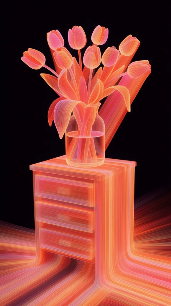 Nine tulips and curling leaves arranged inside a water-filled glass vase sitting atop a multi-drawer cabinet, rendered entirely as a luminous 3D parametric sculpture made of densely packed, overlapping parallel planar slices. The entire composition is constructed from sweeping, extruded digital ribbons in a vibrant, glowing gradient of fiery orange, coral, neon peach, soft pink, and deep red. The layered, linear striations define the rounded volumes of the tulip petals, the cylindrical shape of the vase, the refractive water, and the rigid rectangular geometry of the cabinet drawers. These brightly illuminated, translucent ribbons trail off diagonally from the floral arrangement and flow horizontally outward from the base of the cabinet, merging into a sweeping, directional floor of radiating light. The intensely bright, warm-toned structural lines create extreme contrast against a completely solid, pitch-black background, giving the scene a radiant, flowing, and highly stylized digital aesthetic.