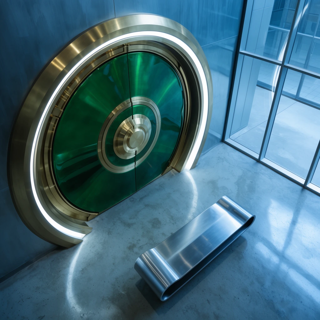 A high-angle view of a futuristic atrium featuring a massive circular emerald-green vault door accented with brushed brass and glowing white trim. A sleek metallic bench rests on a polished concrete floor under cool sterile blue lighting.