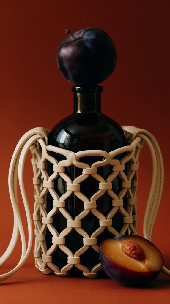 dark glass bottle inside a thick cream leather net bag with hexagonal cutouts, whole dark plum balanced on the bottle top, halved plum with exposed pit in the lower right foreground, deep terracotta seamless studio backdrop, high-end editorial still life photography, moody lighting, netting reflections on curved glass, warm monochromatic palette, surreal minimalist composition, tactile material contrast