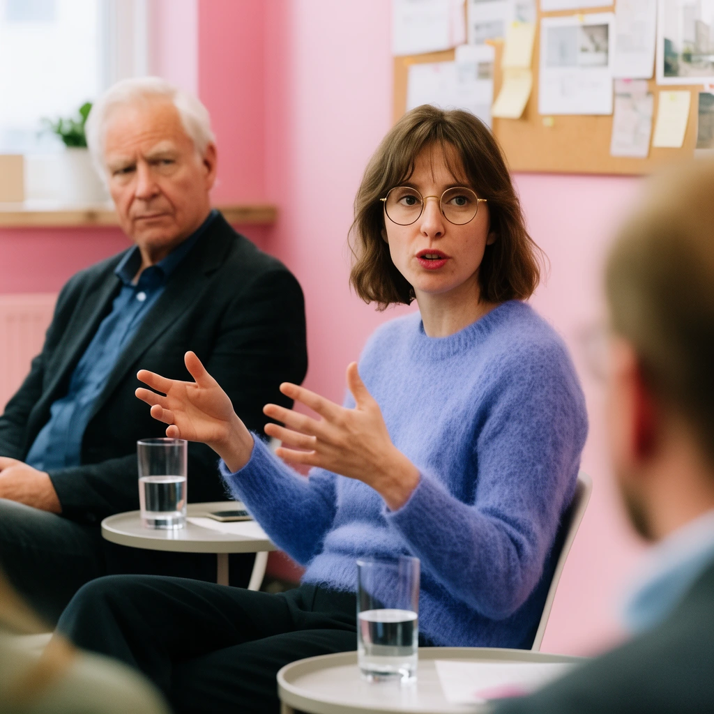 A woman with brown hair and round glasses gestures emphatically while speaking, wearing a fuzzy periwinkle sweater. She sits in a modern office beside an older white-haired man in a dark blazer. Small side tables hold water glasses. A shallow depth of field keeps the woman in sharp focus against a softly blurred background featuring pink walls and a corkboard, while the foreground attendees remain out of focus.