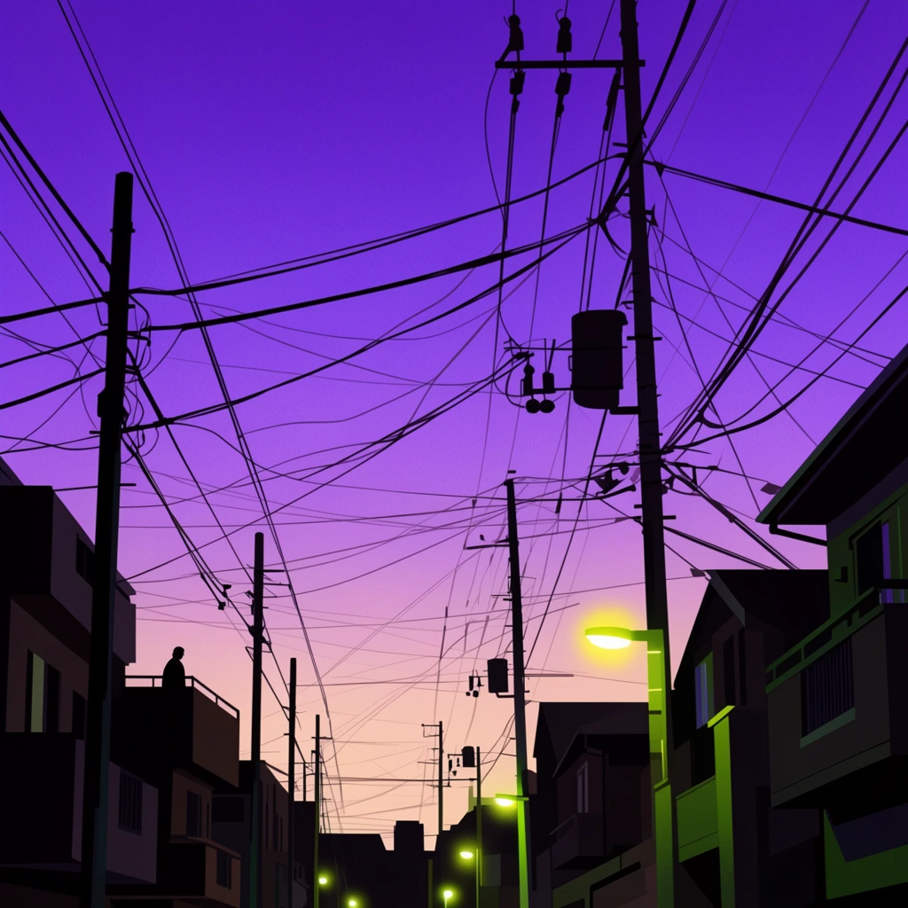 A dense web of black power lines and utility poles crisscrosses a vibrant dusk sky fading from deep purple to pale orange in this digital illustration. Silhouetted residential buildings line the street below, punctuated by glowing yellow-green streetlights and a solitary figure on a shadowed balcony.