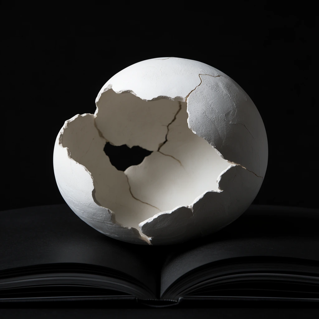 fragmented matte white shell-like sphere resting on the right page of an open black book, hollow interior with deep shadows, delicate cracked edges, rough plaster texture, minimalist editorial photography, dramatic high contrast lighting, chiaroscuro, seamless pure black background
