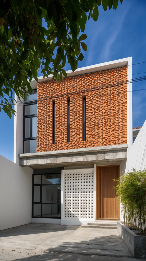 modern two-story residential facade, prominent upper level featuring a highly textured protruding orange brick pattern, three narrow vertical slit windows, stark white concrete framing, recessed lower entrance under a raw concrete overhang, large black-framed glass windows, tall vertical-slatted wooden door, white decorative breeze block wall panel, enclosed front courtyard with smooth white walls, concrete paving, overhanging green tree branches in top left foreground, bamboo plants in concrete planter on right, power lines crossing the brickwork, bright sunny daylight casting strong shadows, vivid blue sky with thin clouds, low-angle architectural photography, precise geometric composition