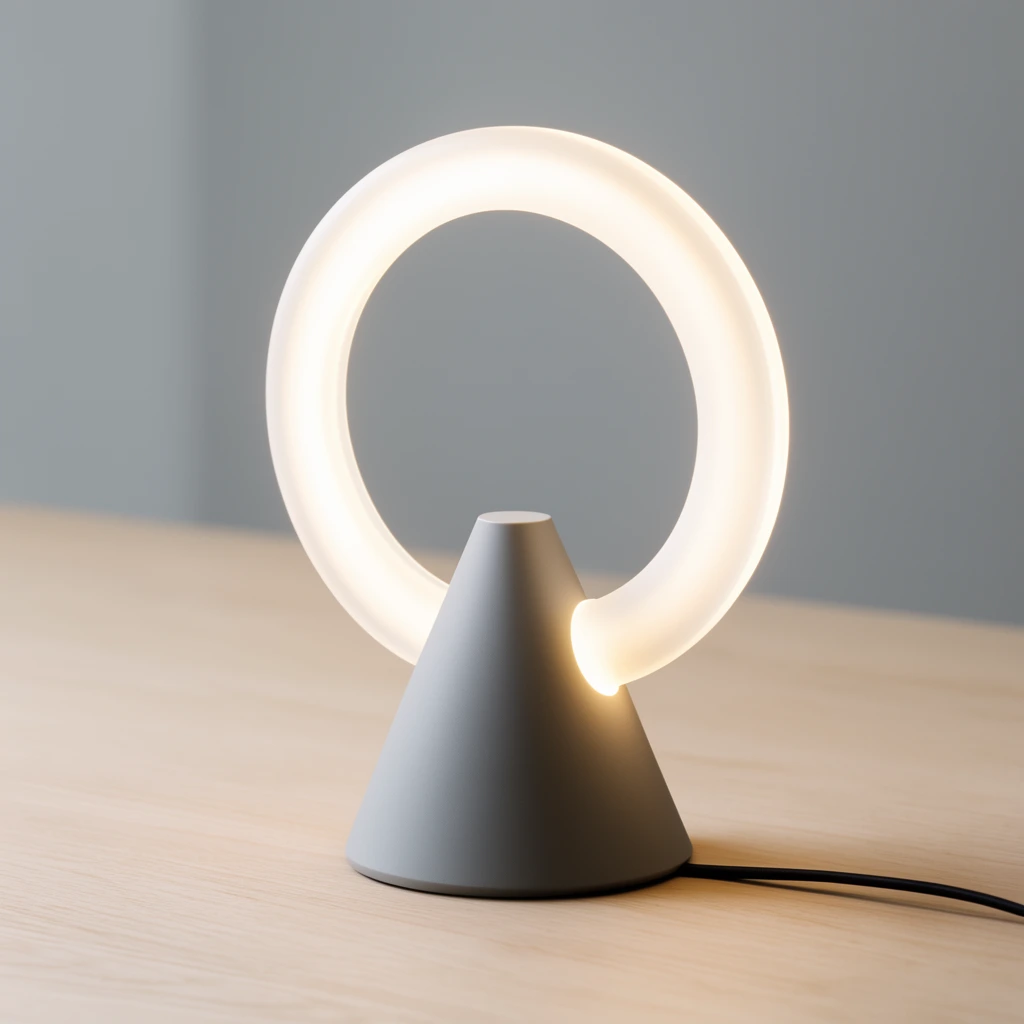 A minimalist lamp with a matte grey conical base and a glowing translucent white circular ring sits on a light wood surface. A warm, diffuse light emanates from the ring against a soft, out-of-focus grey background. A thin black power cord trails from the lower right in this sleek, contemporary product photography composition.