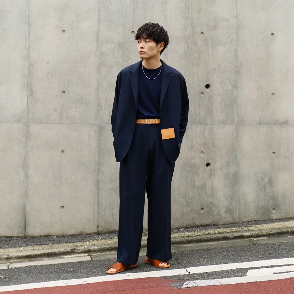 young Asian man looking off-camera to the left, relaxed-fit dark navy blue suit with wide-legged trousers, matching navy t-shirt, thin silver chain necklace, tan leather belt, unbuttoned jacket with a small tan leather patch, brown leather open-toe sandals, dark textured hair, minimalist light gray concrete wall background with circular tie holes, asphalt street with white and red painted lines, natural overcast daylight, full-body fashion street photography