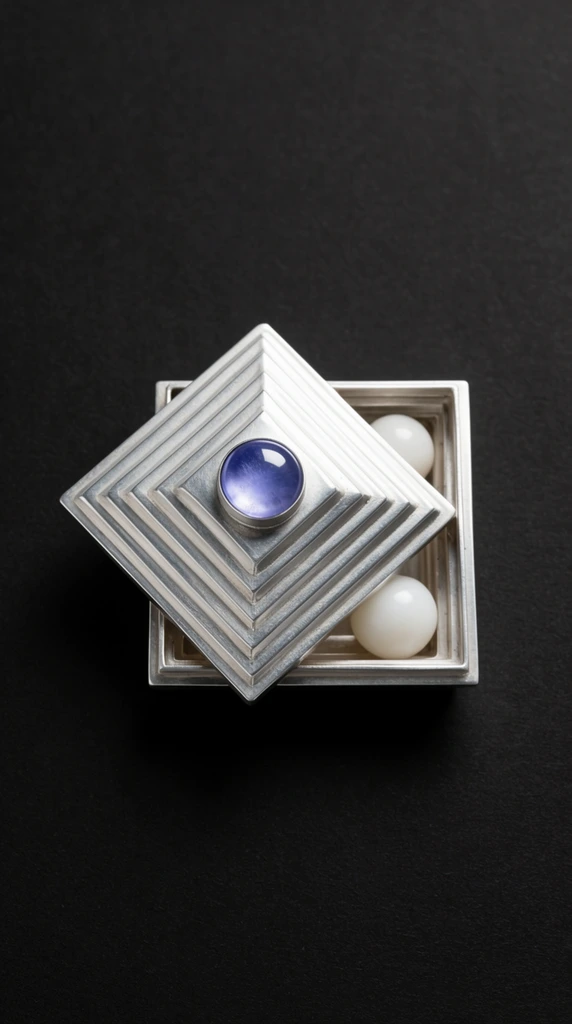A square silver metal box with a stepped pyramidal design rests on a textured matte black surface. The partially open lid sits diagonally across the base, showcasing a round, translucent purplish-blue cabochon gemstone set at its apex. Inside the hollow base's stepped interior lie two smooth, opaque white spheres. Captured from a top-down perspective, soft directional studio lighting highlights the metallic sheen of the concentric ridges, the luminous quality of the central blue stone, and the stark contrast between the bright silver object and the deep dark background.