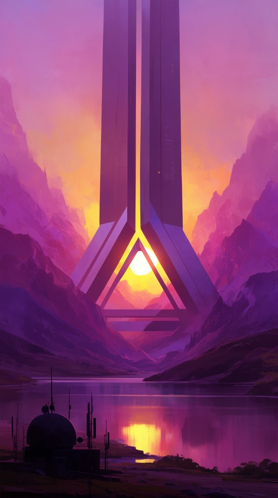 towering geometric monolith with a triangular base, rugged purple and magenta mountains, glowing yellow sunset piercing the central structure, calm lake reflecting the vibrant landscape, foreground shore with a dark dome and antennas, atmospheric haze, monumental scale, sci-fi concept digital painting