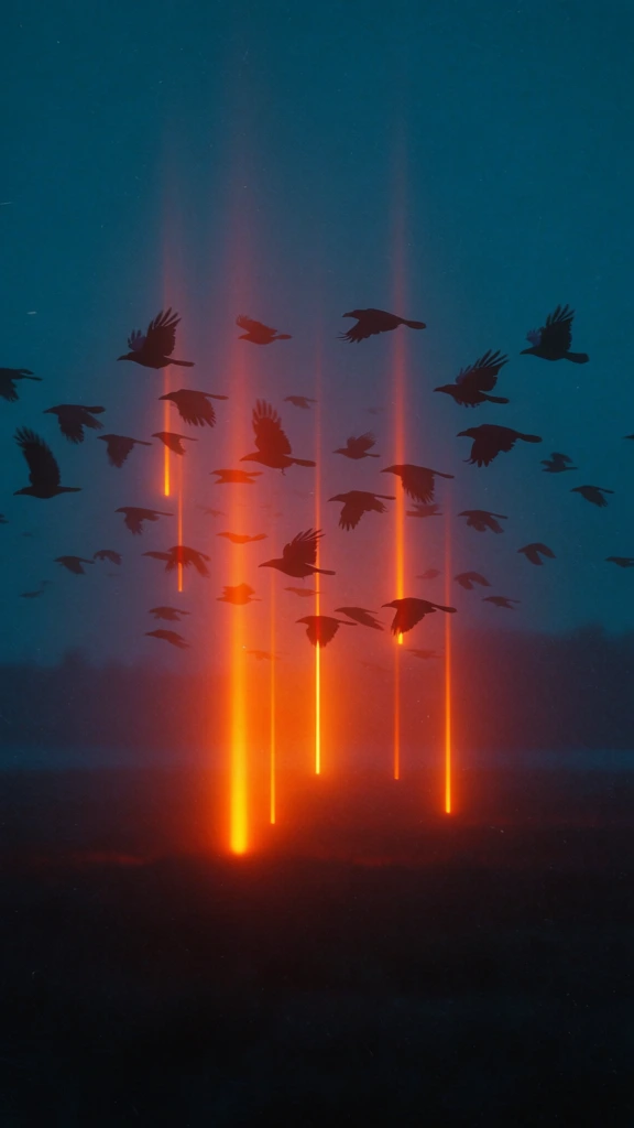 wide shot of a flock of ravens in mid-flight across a dark horizon, vertical beams of glowing neon orange and amber light shooting upwards through their formation into a deep teal twilight sky, silhouetted aviary forms caught in the luminescence, moody atmospheric haze, heavy film grain, high-contrast complementary color grading, low-key cinematic lighting, surrealist aesthetic, blue hour dusk palette, soft-focus distant silhouettes, grainy analogue texture, ethereal digital glow.