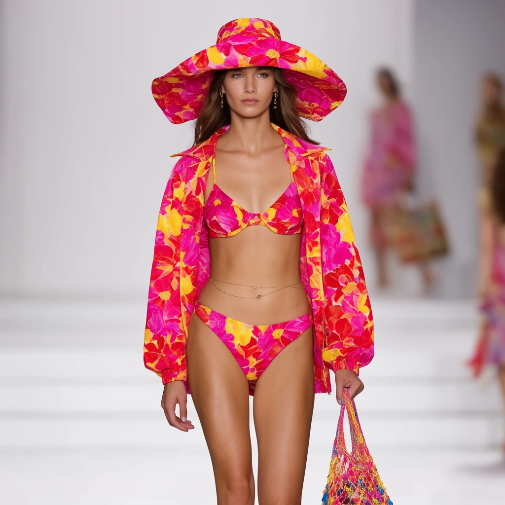 A runway model walks in a vivid magenta, yellow, and red floral bikini paired with a matching open jacket and wide-brimmed hat. She wears a delicate gold belly chain and carries a colorful mesh tote bag against a brightly lit, softly blurred white background featuring subtle steps and distant figures.