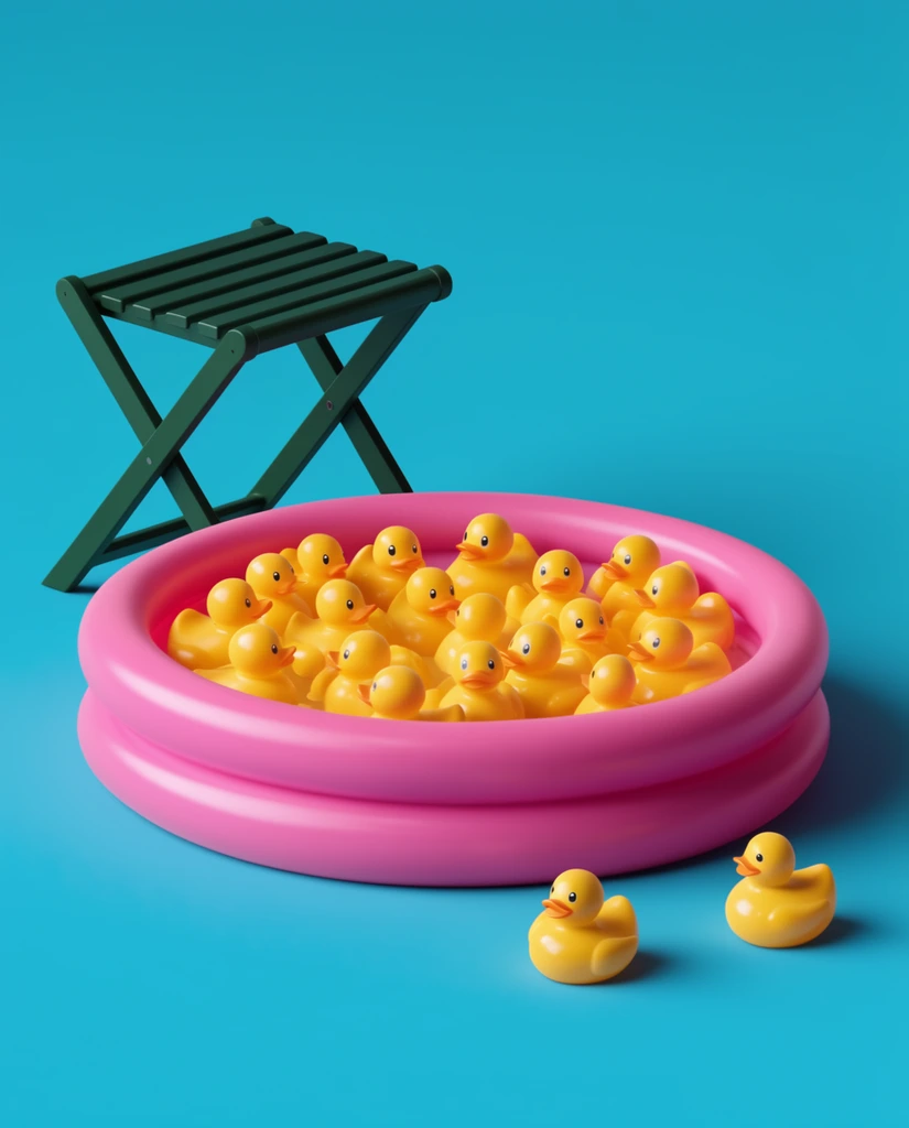 A bright pink inflatable two-ring kiddie pool overflowing with glossy yellow rubber ducks sits against a vibrant, seamless cyan background. A dark green slatted folding stool stands behind the pool to the left. Two individual ducks rest on the ground in the foreground. This minimalist 3D render features smooth plastic textures, soft directional lighting with distinct drop shadows, and a bold, playful pop-art color palette.